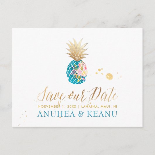 PixDezines Aloha Ananas/Teal/Reddingsdatum Aankondigingskaart (Voorkant)