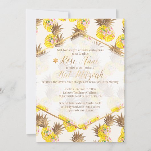 PixDezines Aloha Ananas/Waterverf/Bat Mitzvah Kaart (Achterkant)