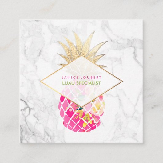 PixDezines Aloha Pineappels/Roze+Gold/Marble Vierkante Visitekaartje (Voorkant)