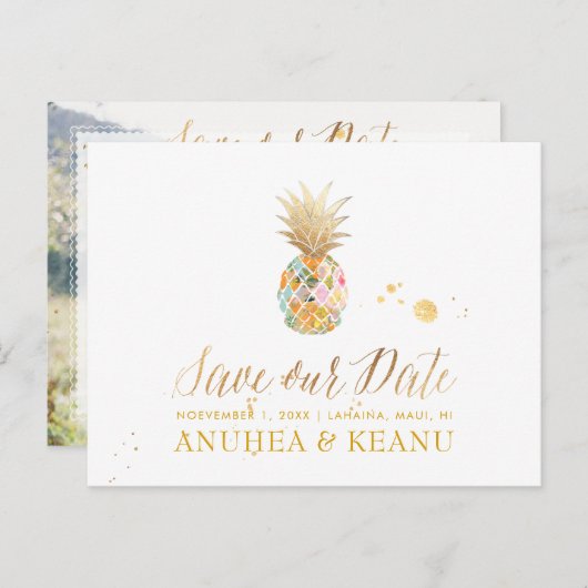 PixDezines Aloha Pineapple/Blue/Save the Date Aankondigingskaart (Voorkant / Achterkant)