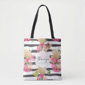 PixDezines Aloha Pineapple+Floral+Black Stripes Tote Bag (Voorkant)