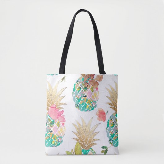 PixDezines Aloha Pineapple+Floral Waterverf Tote Bag (Voorkant)