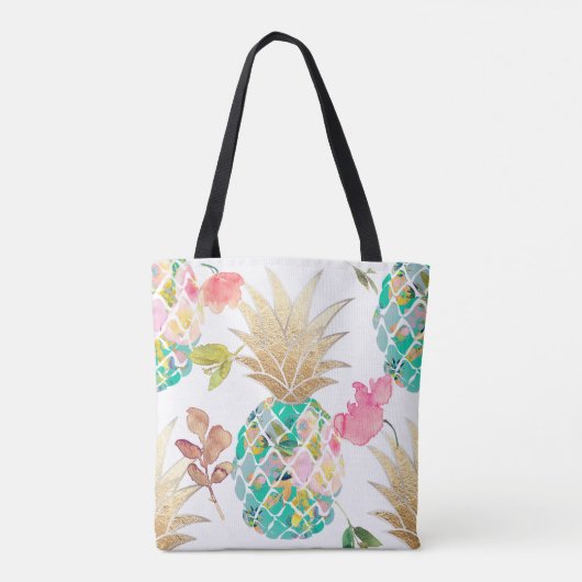 PixDezines Aloha Pineapple+Floral Waterverf Tote Bag (Achterkant)