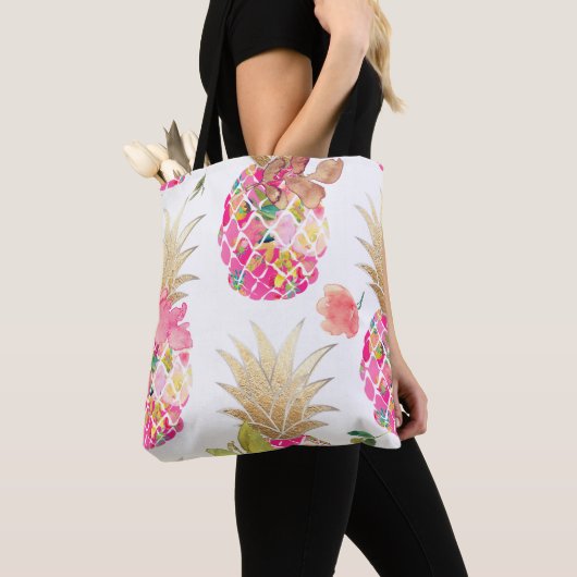 PixDezines Aloha Pineapple+Floral Waterverf Tote Bag (Dichtbij)