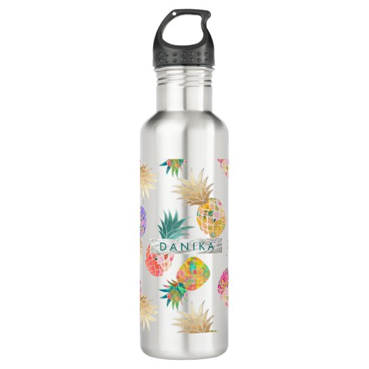 PixDezines Aloha Pineapple+Floral Waterverf Waterfles (Voorkant)
