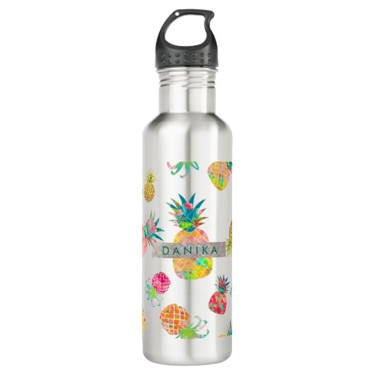 PixDezines Aloha Pineapple+Floral Waterverf Waterfles (Voorkant)