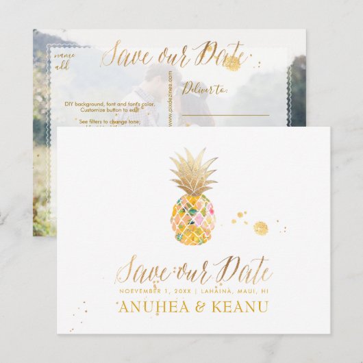 PixDezines Aloha Pineapple/Hot Pink/Save the Date Aankondigingskaart (Voorkant / Achterkant)