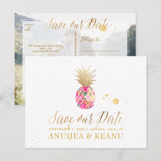 PixDezines Aloha Pineapple/Hot Pink/Save the Date Aankondigingskaart (Voorkant / Achterkant)