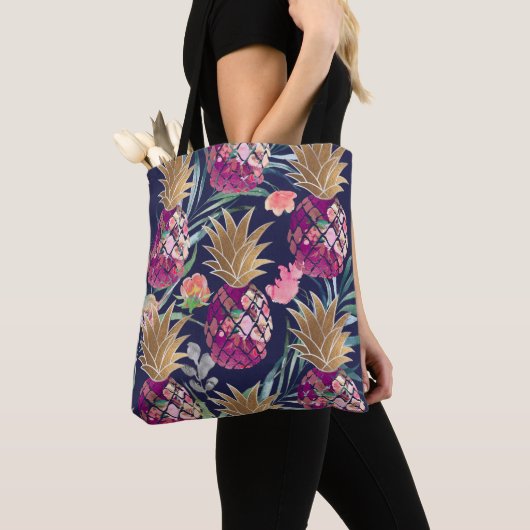 PixDezines Aloha Pineapple+Palm Fronds Waterverf Tote Bag (Dichtbij)