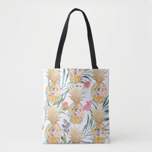 PixDezines Aloha Pineapple+Palm Fronds Waterverf Tote Bag (Voorkant)