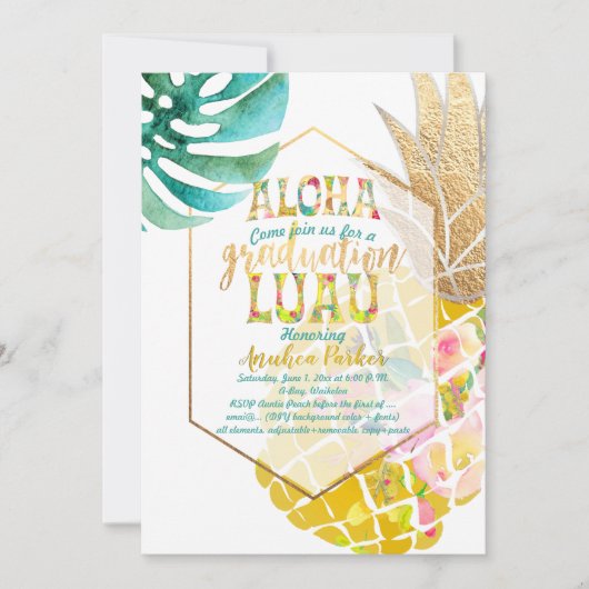 PixDezines Aloha Pineapples/Golden/Afstuderen Luau Kaart (Voorkant)