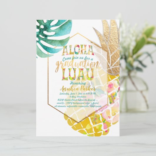 PixDezines Aloha Pineapples/Golden/Afstuderen Luau Kaart (Staand voorkant)