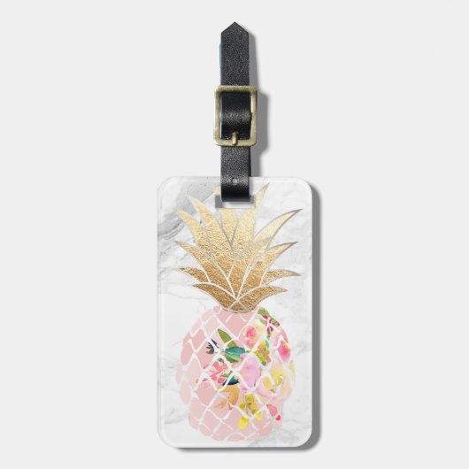 PixDezines Aloha Pineapples+White Marble Bagagelabel (Voorkant verticaal)