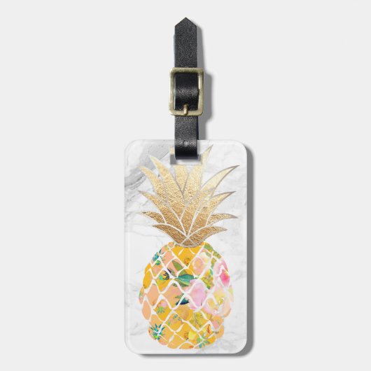 PixDezines Aloha Pineapples+White Marble Bagagelabel (Voorkant verticaal)