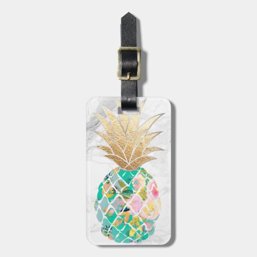 PixDezines Aloha Pineapples+White Marble Bagagelabel (Voorkant verticaal)