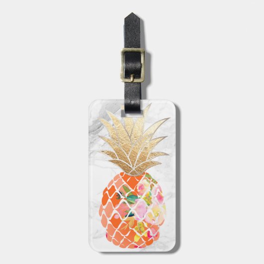PixDezines Aloha Pineapples+White Marble Bagagelabel (Voorkant verticaal)