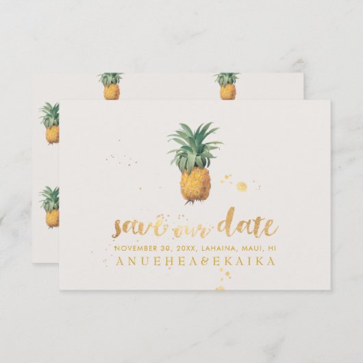 PixDezines  Ananas/Faux Gold BrushScript Save The Date (Voorkant / Achterkant)