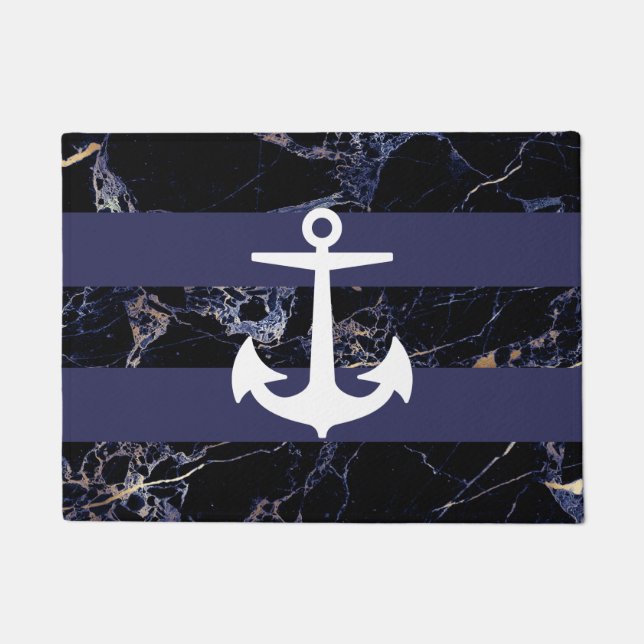 PixDezines ANCHOR + BLAUW MARMER FAUX GOUDEN ADERS Deurmat (Voorkant)