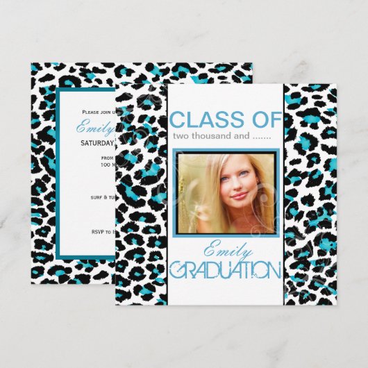 PixDezines Aqua Blue Leopard Print Afstuderen Kaart (Voorkant / Achterkant)
