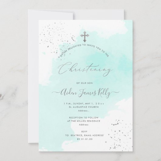 PixDezines Aqua Blue Waterverf Christening Kaart (Voorkant)