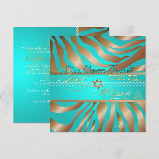 PixDezines Aqua+Tan Zebra Stripes, Bat Mitzvah Kaart (Voorkant / Achterkant)