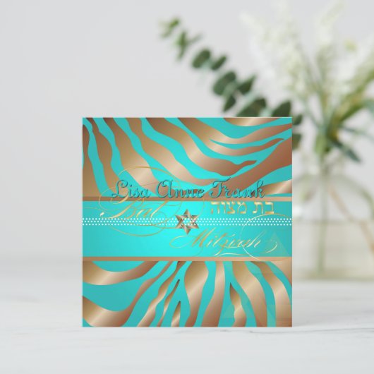 PixDezines Aqua+Tan Zebra Stripes, Bat Mitzvah Kaart (Staand voorkant)
