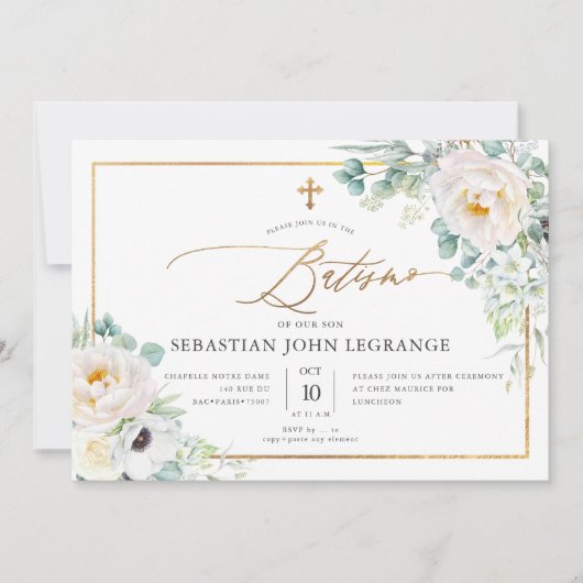 PixDezines AquarelaPeônias Eucalipto Batismo Kaart (Voorkant)