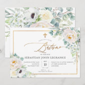 PixDezines AquarelaPeônias Eucalipto Batismo Kaart (Voorkant / Achterkant)