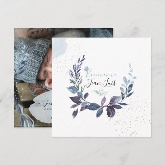 PixDezines Aquarelle Faire-part de NaissanceGarçon Kaart (Voorkant / Achterkant)