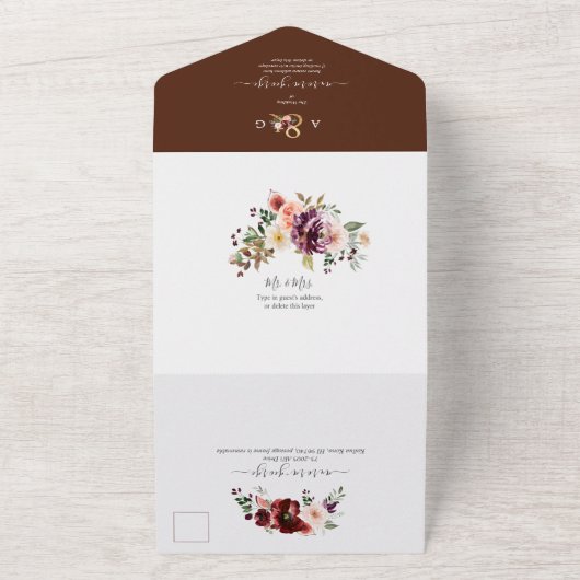 PixDezines Autumn Waterverf Flowers Marsala All In One Uitnodiging (Buitenkant)