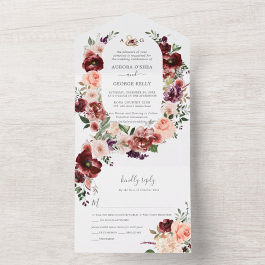 PixDezines Autumn Waterverf Flowers Marsala All In One Uitnodiging (Binnen)