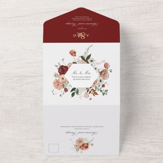 PixDezines Autumn Waterverf Flowers Marsala Red All In One Uitnodiging (Buitenkant)