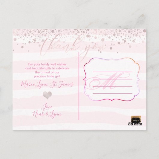PixDezines Baby Bedankt/Blush Pink Confetti Briefkaart (Achterkant)