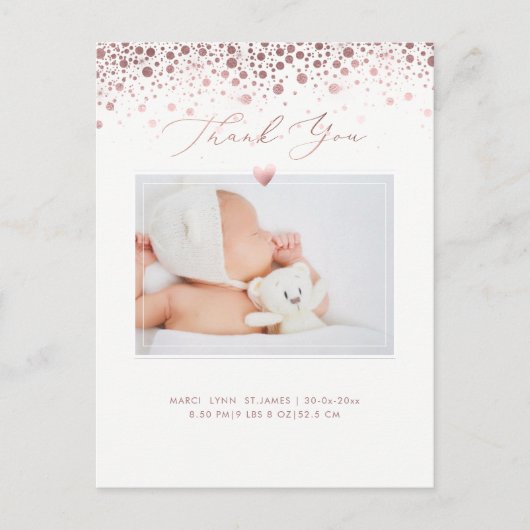 PixDezines Baby shower Bedankt/Roos Gold Confett Briefkaart (Voorkant)
