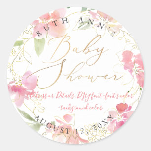 PixDezines Baby shower, Bloemen Waterverf, Blozen Ronde Sticker