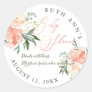 PixDezines Baby shower, Bloemen Waterverf, Perzik Ronde Sticker