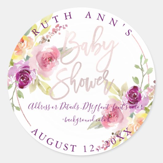 PixDezines Baby shower, Bloemen Waterverf, Pruim Ronde Sticker (Voorkant)