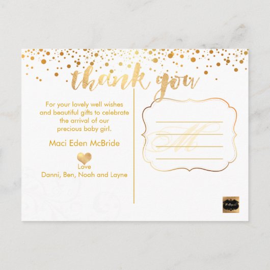 PixDezines Baby shower Dank u / Dazzled Faux Gold Aankondigingskaart (Achterkant)