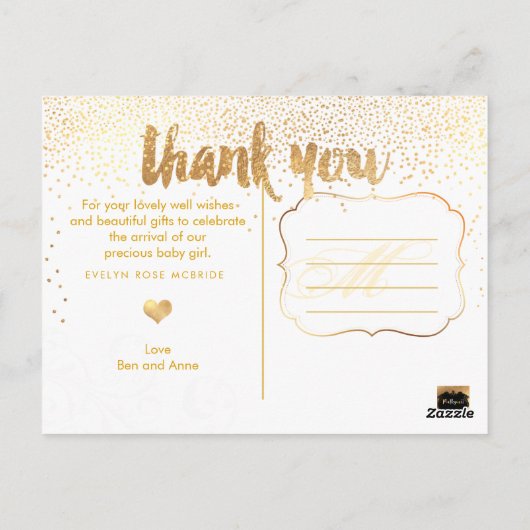 PixDezines Baby shower Dank u / Dazzled Faux Gold Briefkaart (Achterkant)
