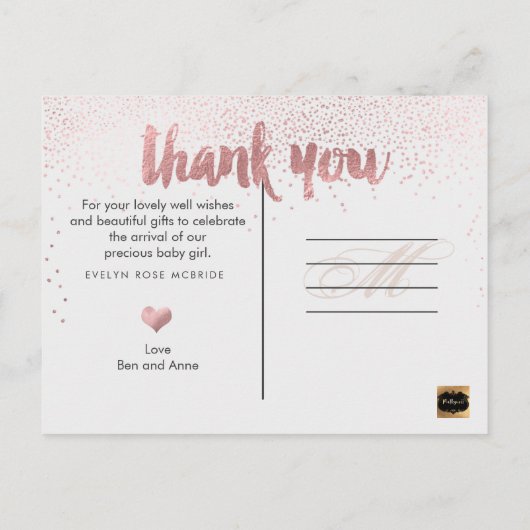 PixDezines Baby shower Hartelijk dank voor uw Roos Aankondigingskaart (Achterkant)