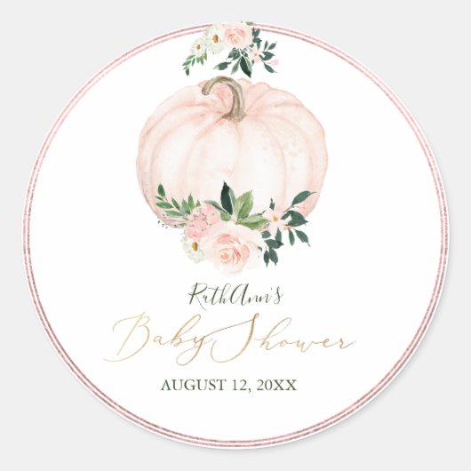 PixDezines Baby shower Waterverf Pompoen, Blush Ronde Sticker (Voorkant)