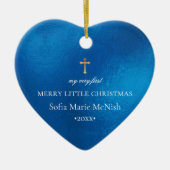 PixDezines Baby's 1e Kerstfoto, Azure Blue Keramisch Ornament (Voorkant)