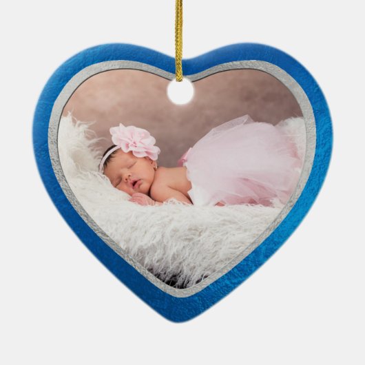 PixDezines Baby's 1e Kerstfoto, Azure Blue Keramisch Ornament (Achterkant)