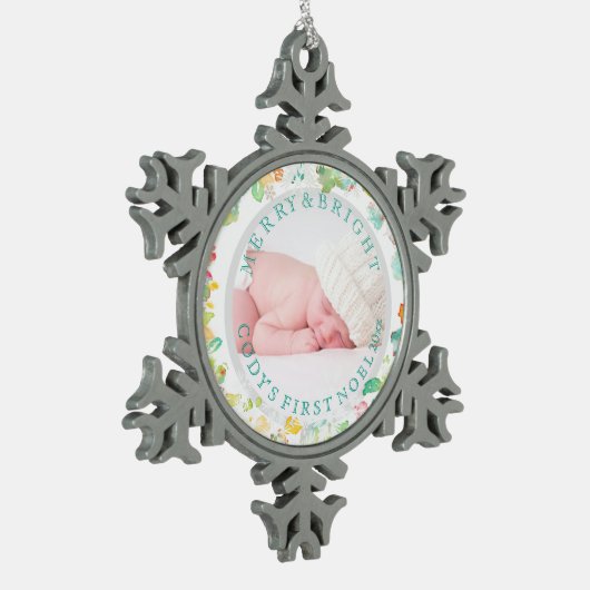 PixDezines Baby's eerste Kerstmis/Sophie's tuin Tin Sneeuwvlok Ornament (Links)
