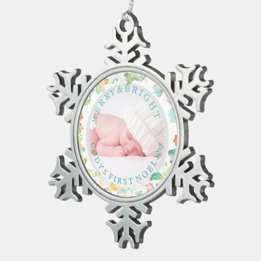 PixDezines Baby's eerste Kerstmis/Sophie's tuin Tin Sneeuwvlok Ornament (Rechts)