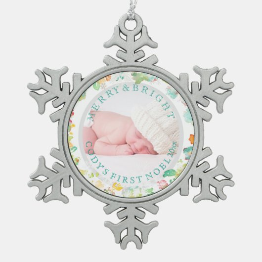PixDezines Baby's eerste Kerstmis/Sophie's tuin Tin Sneeuwvlok Ornament (Voorkant)