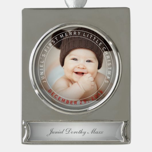 PixDezines Baby's Eerste Kerstvakantie Foto Verzilverd Banner Ornament (Voorkant)