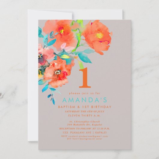 PixDezines Baptism+ 1stBirthday Waterverf Flowers Kaart (Voorkant)