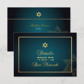 PixDezines Bar Mitswa Details info blauwgroen+gold RSVP Kaartje (Voorkant / Achterkant)