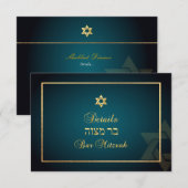 PixDezines Bar Mitswa Details info blauwgroen+gold RSVP Kaartje (Voorkant / Achterkant)